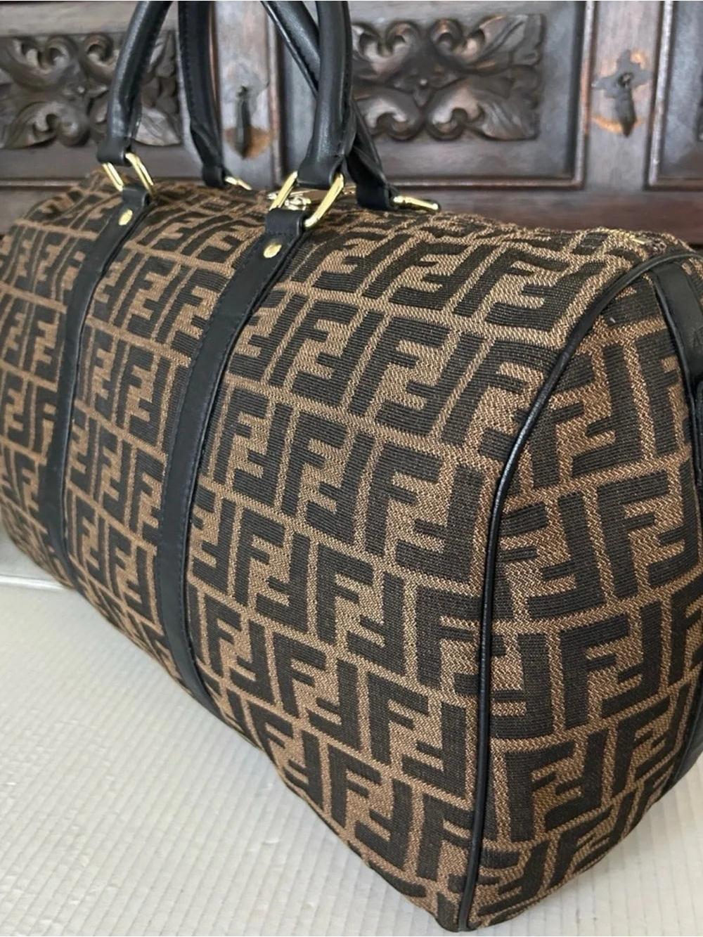Fendi Brown Monogram Canvas Duffel with Black Trim